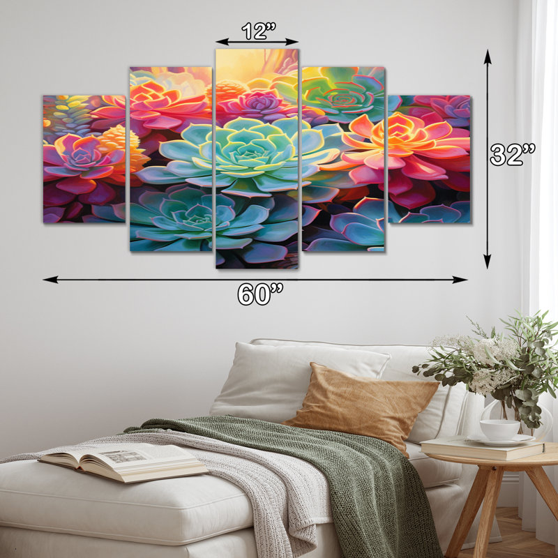 «Colorful Succulents Succulent Twilight», impression murale d'art floral - 5 panneaux