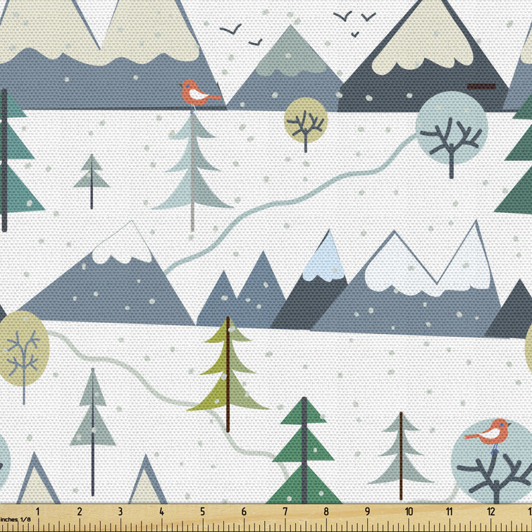 Lon Snowy Landscape of Trees and Mountains with Birds Fabric