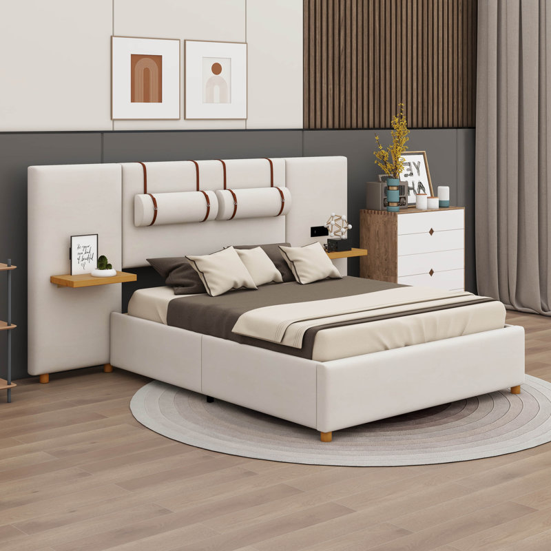 Upholstered Platform Bed With Two Outlets,USB Charging Ports, Two Bedside Pillows And Storage Shelves, Beige, Queen