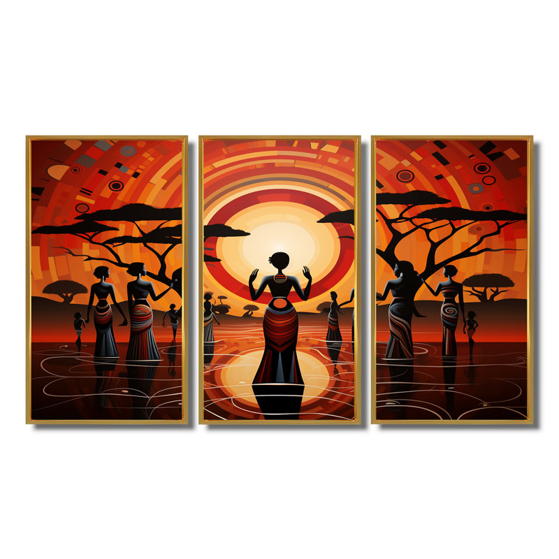 Sacred Full Moon Tribal Celebration - ensemble de salon art mural africain, Cadre flottant doré, H 40 po x l 60 po x P 1 po