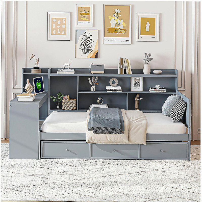 Canapé-lit en bois avec 3 tiroirs, ports USB et bureau, Lit simple, Gris