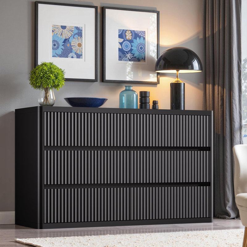 Fluted 6-Drawer Dresser, 48" Wide Modern Curved Chest of Drawers, Black