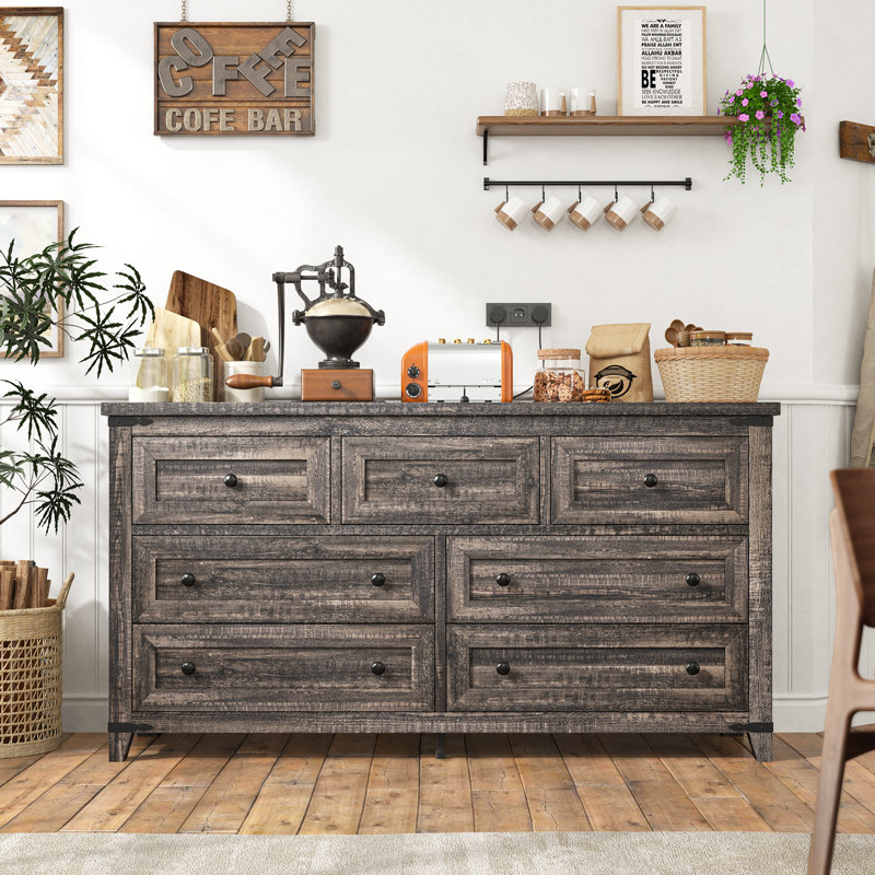 Dark Rustic Oak Farmhouse 7-Drawer Wood Dresser