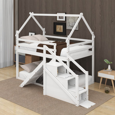 Armadeo Twin over Twin House Loft or Bunk Bed with Slide and Staircase
