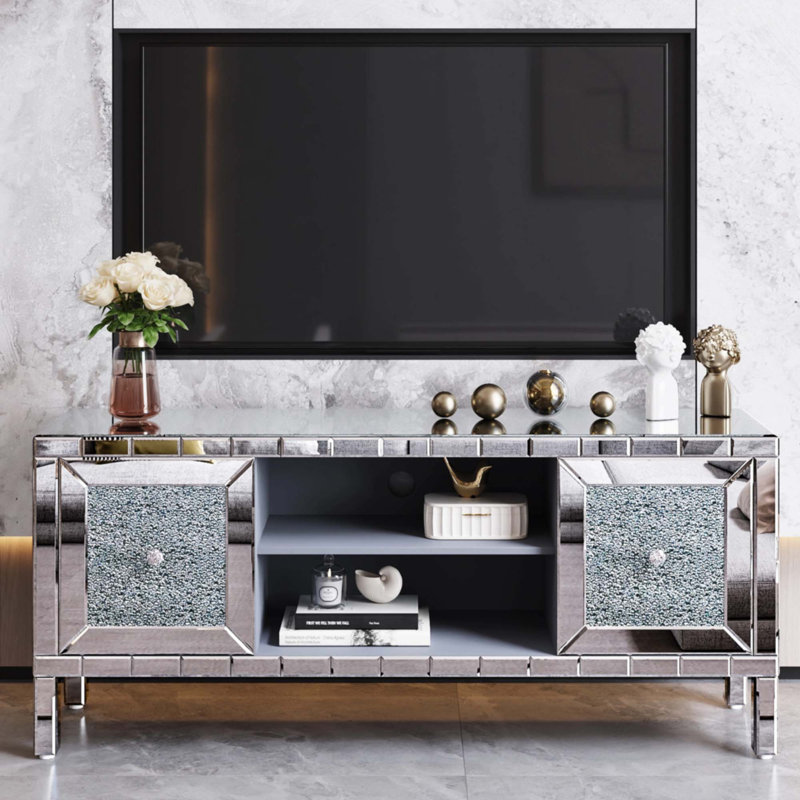 Meuble télé 60 po à miroir avec portes en verre concassé - Meuble audio-vidéo moderne pour salon