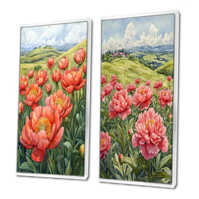 Pivoines dans la prairie roulante I - Art mural floral 2 panneaux