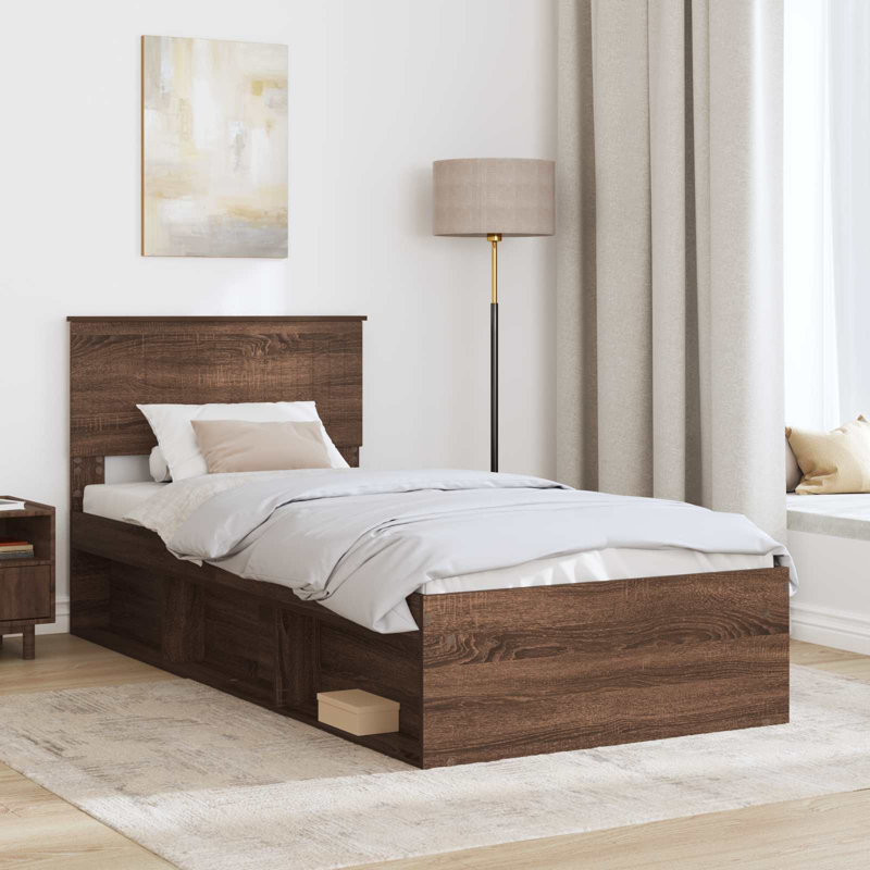 Solid Wood Bed, European Single (90 x 200 cm), Brown Oak