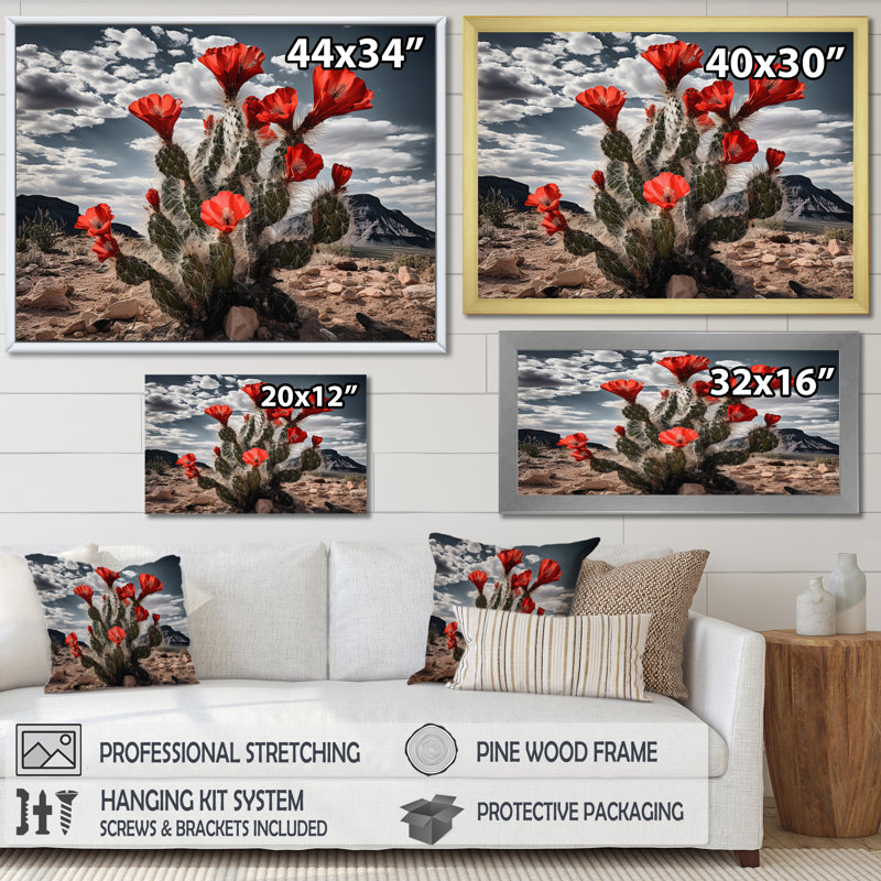 Western Desert Cactus Serenade - art mural sur toile Western, Cadre noir, H 16 po x l 32 po x P 1 po