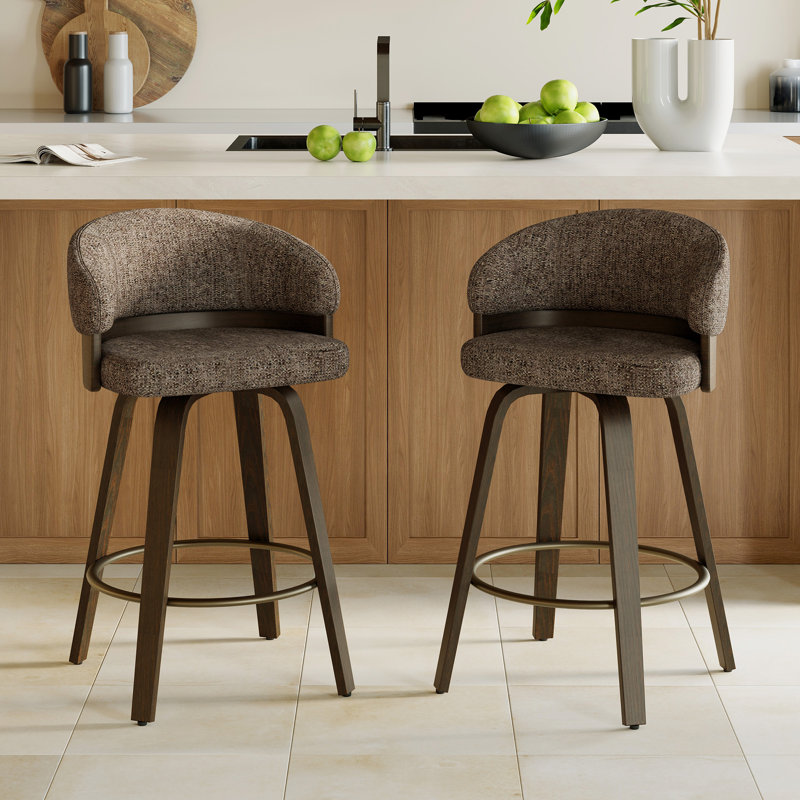 Tabouret de bar pivotant rembourré de 66 cm (26 po) avec cadre en bois, Brown Seat/Smoked Oak Frame
