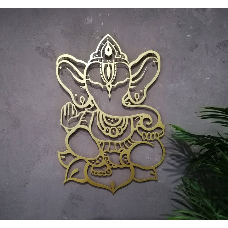 Metal Ganesha Idol Wall Hanging Decor, Ganapati Metal Wall Art Lord Ganesh Idol, Matte Gold, 34" H x 23" W x 0.50" D