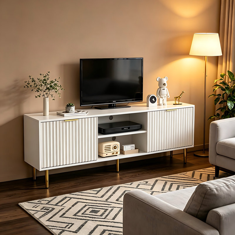 Modern Industrial TV Stand Media Console – Wood & Metal Frame, Open Storage & Cable Management, White