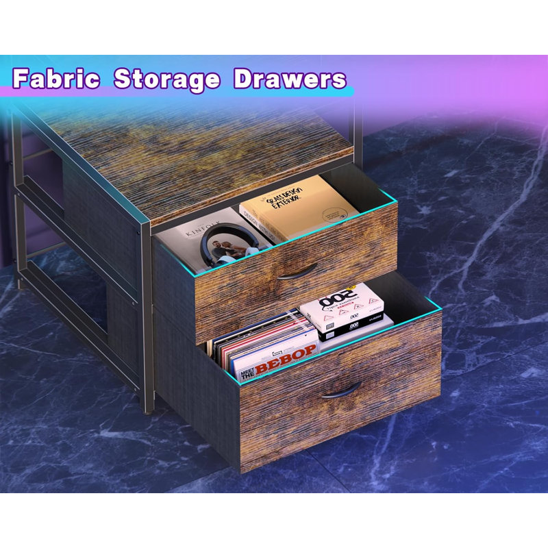 Bureau d'ordinateur en L avec tiroirs de classement, bureau de jeu avec lumières à DEL et prises de courant, bureau réversible avec tablettes blanc