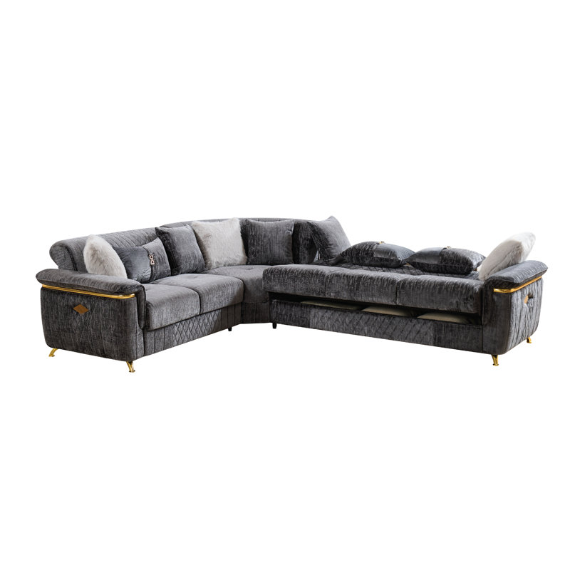 Aurora Reversible Fabric Sectional Sofa with Dual Storage and Elegant Gold Accent Trim, Gray Fabric