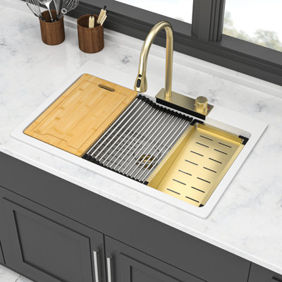 Évier de cuisine en quartz à montage encastré - 33 x 22 po, robinet cascade coulissant et divers accessoires pour station de travail 33 x 22 po, robinet, avec combinaisons