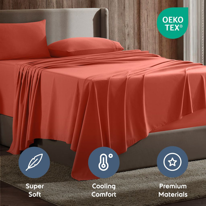 Hotel Collection Soft Breathable Bed Sheet Set with Deep Pocket Fitted Sheet, Orange, Split King