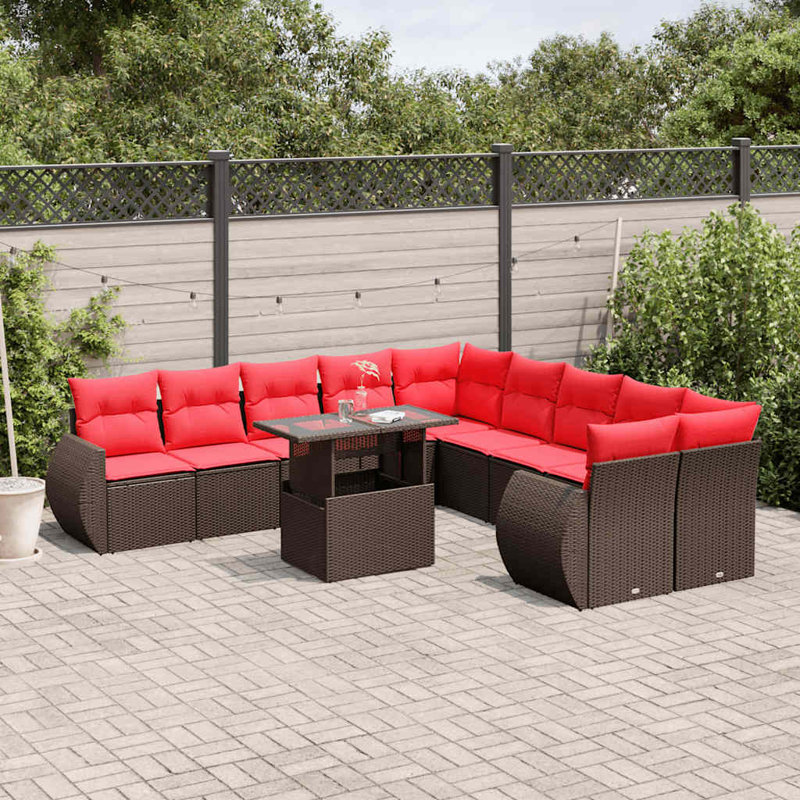 Ensemble de canapé de patio 11 pièces avec coussins en rotin de polyester, Rouge, Brun