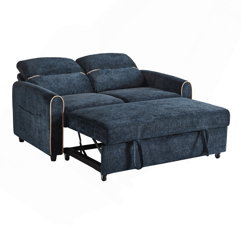 Canapé-lit chenille, canapé-lit de 58 po, canapé-lit, canapé-lit avec dossier réglable à 3 positions, 4 poches de rangement latérales et ports de chargement pour le salon, bleu