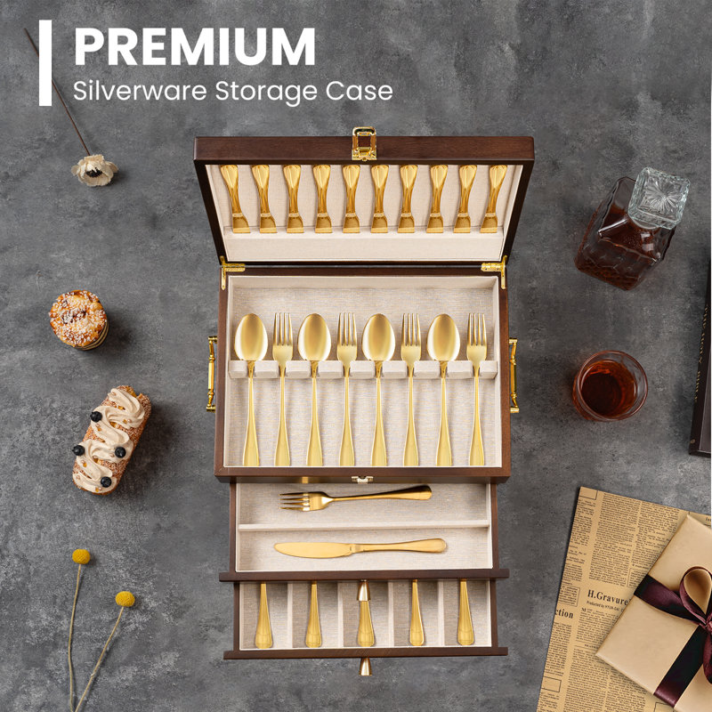 3-layer Silverware Storage Box With Drawer, Wooden Silverware Chest With Handle And Linen Liner For Storing Fine Flatware And Utensils, Walnut