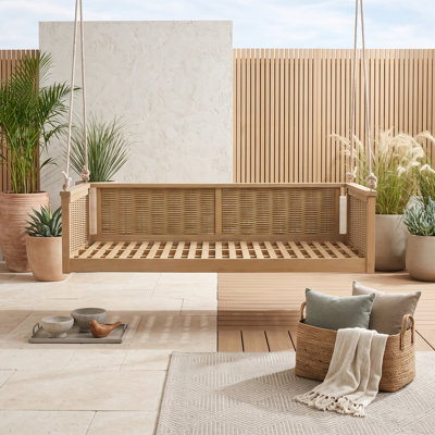 Outdoor Twin Swing Bed in Acacia Wood and Rattan, Hanging Porch Daybed with Hemp Rope Support