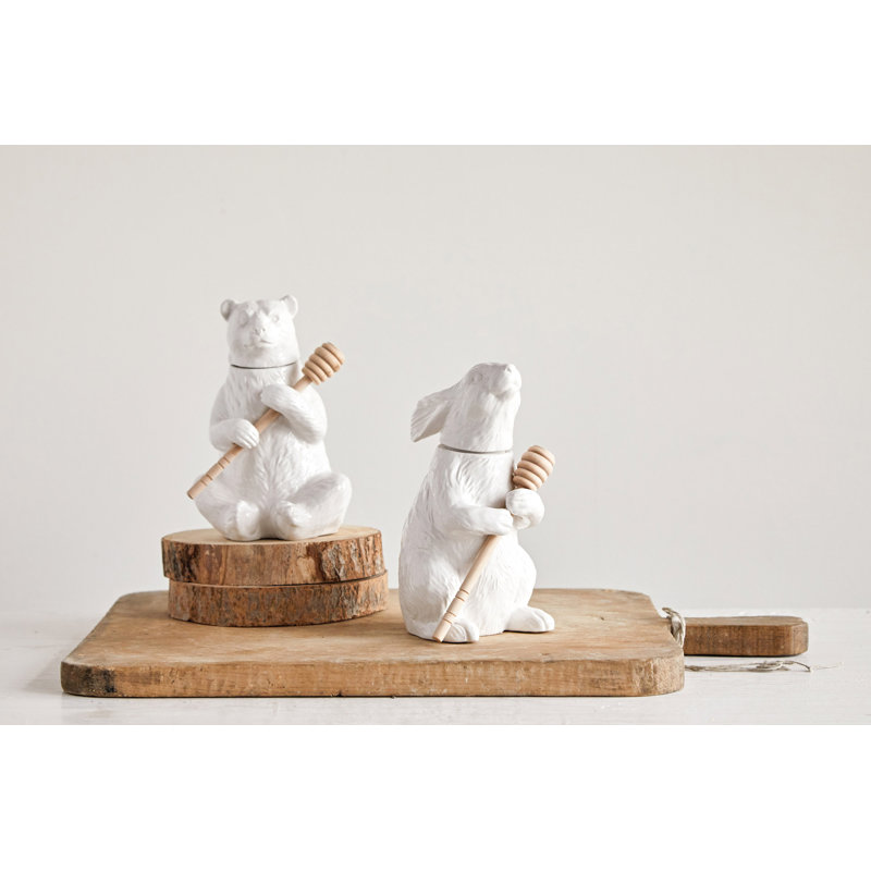 White Bear Shaped Honey Pot with Lid & Bamboo Dipper