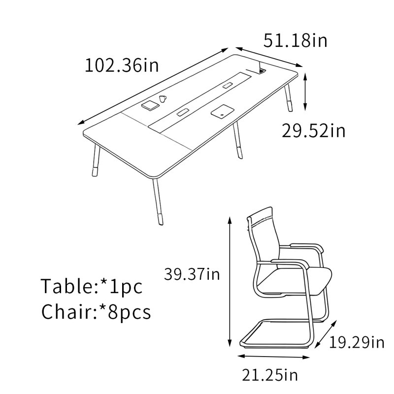 Table de conférence moderne avec pieds en métal, Blanc/Noir