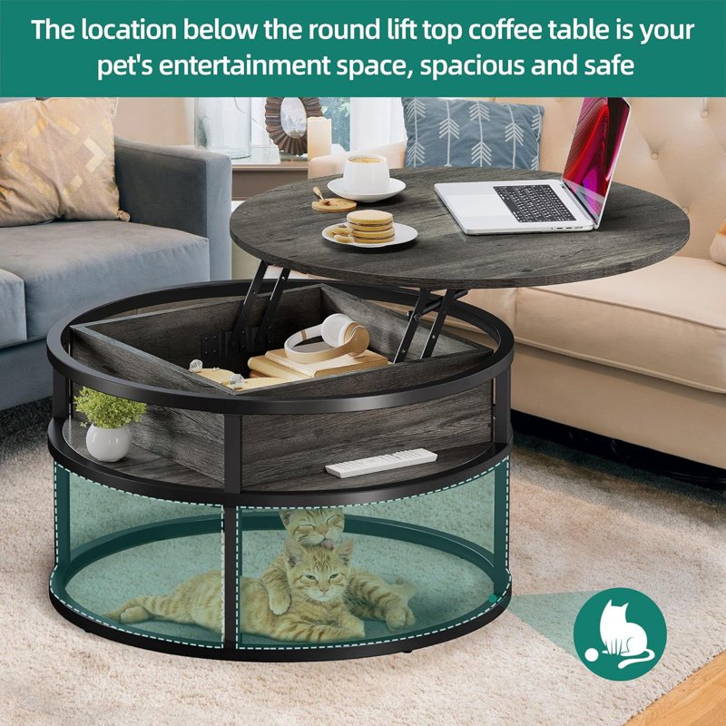 Table basse ronde à plateau relevable avec compartiment de rangement caché, conception moderne à 2 niveaux pour le salon, la décoration intérieure et le bureau, fabrication robuste avec mécanisme de levage en douceur