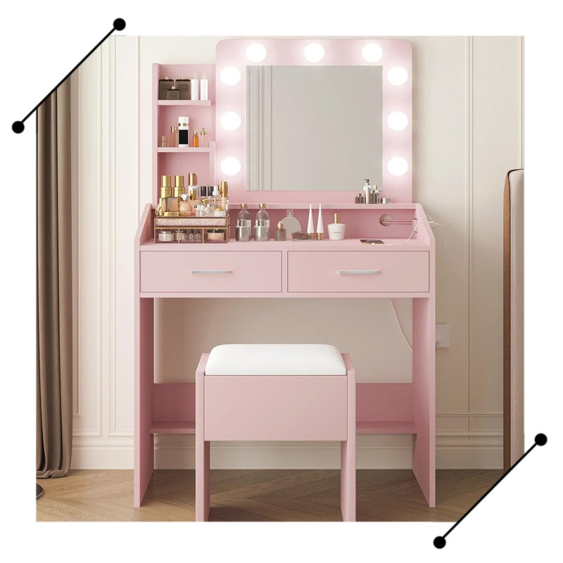 Bureau de coiffeuse avec miroir et lumières, coiffeuse de maquillage avec prise de courant, Rose