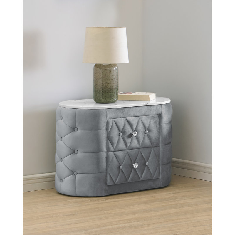 Oval Nightstand With Faux Marble Top, Button - Fabric Upholstery, Two Drawers And Crystal Pulls For Bedroom Setting Modern Nightstand, , Storage Decor
