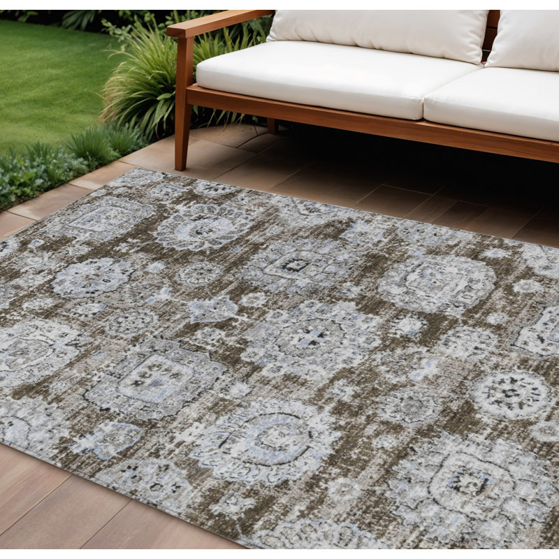 Tapis floral bleu 9 pi x 12 pi lavable intérieur / extérieur