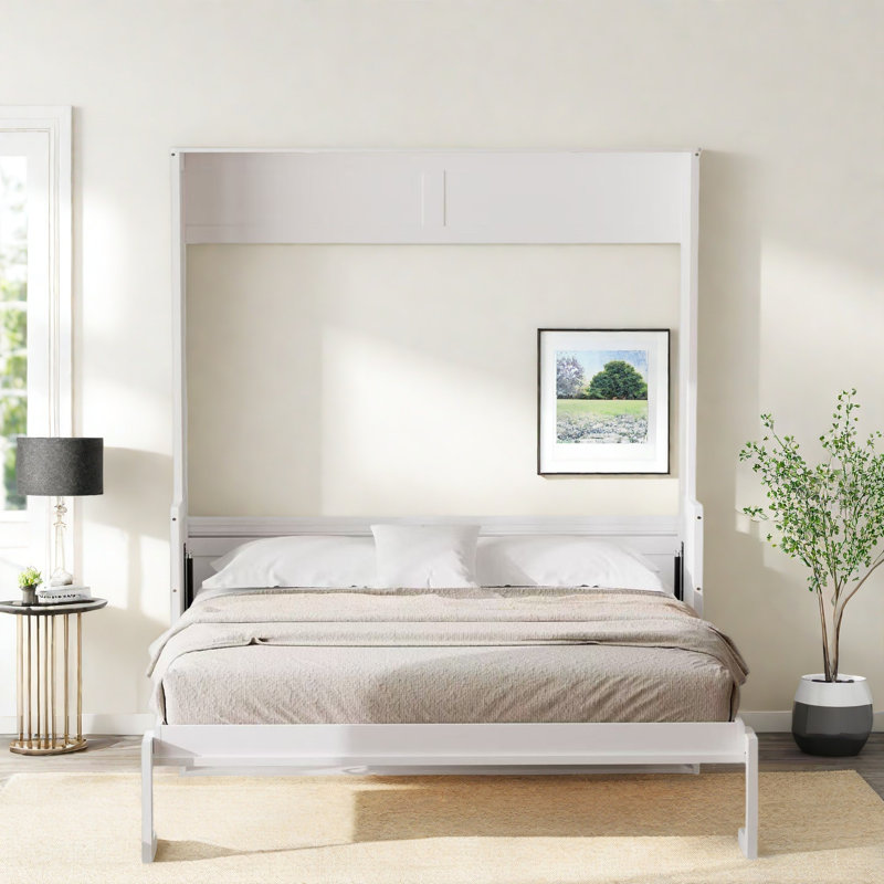 Lit escamotable avec bureau, lumières à DEL et station de charge USB, Blanc
