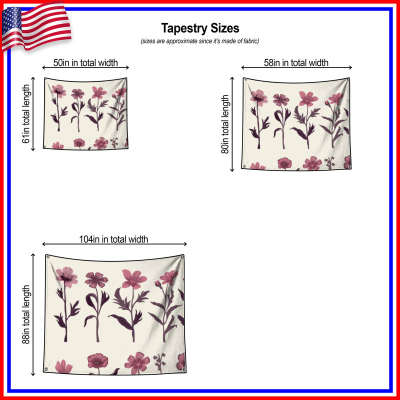 Tapisserie murale rose avec fleurs sauvages - Décoration murale fleurs sauvages, 68 po H x 80 po L avec 4 œillets