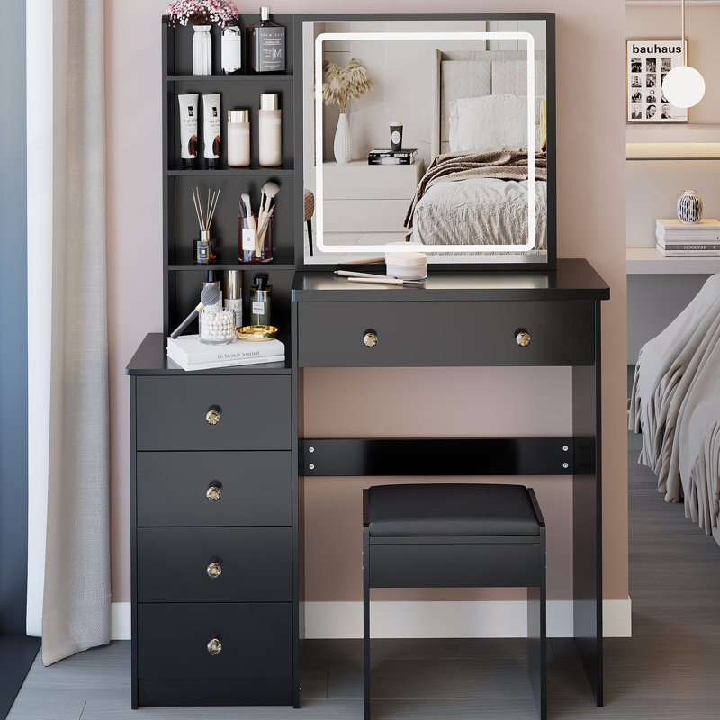 Ensemble de coiffeuse avec tabouret rembourré, 2 prises CA et 2 prises USB, support pour sèche-cheveux, grand miroir coulissant à DEL à commande tactile