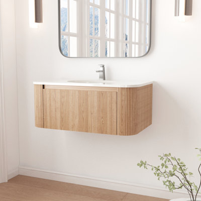 Wall Mounted 36 Inch Bathroom Vanity With Curved Front, White Artificial Marble Top, Ceramic Sink, Tidy Storage Drawer, Smooth Soft-Close Modern Wood Finish Featuring Design, Countertop, Organized