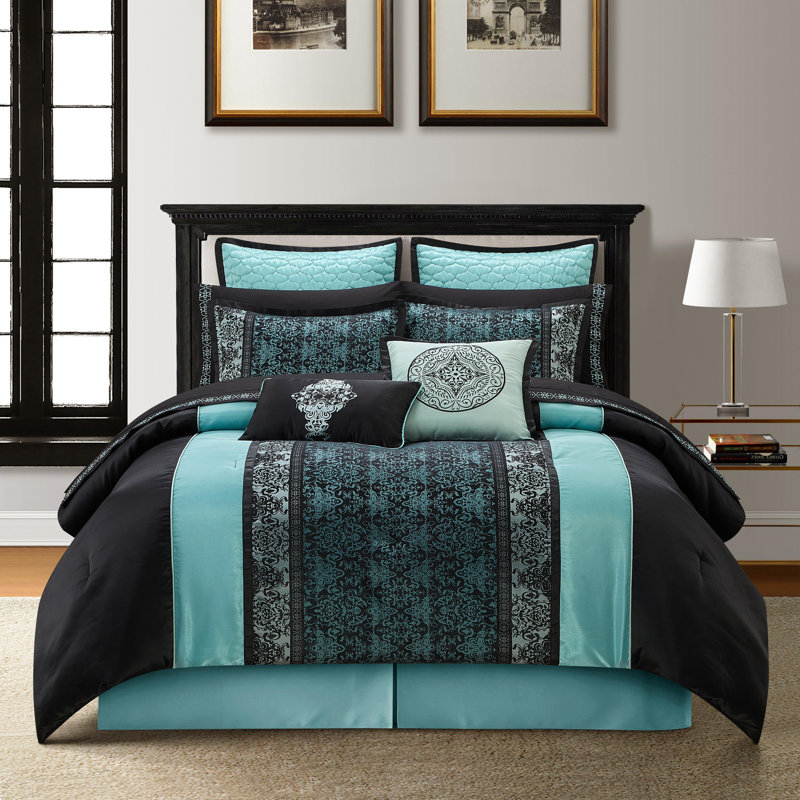 California King Aqua and Black Jacquard Comforter Set, 12 Pieces