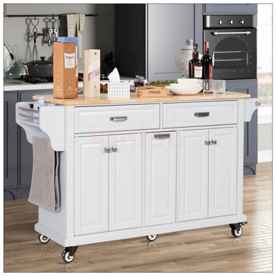 Durable Kitchen Island With Rubberwood Countertop, Spacious Storage, And 5-Wheel Mobility For Enhanced Cooking Convenience