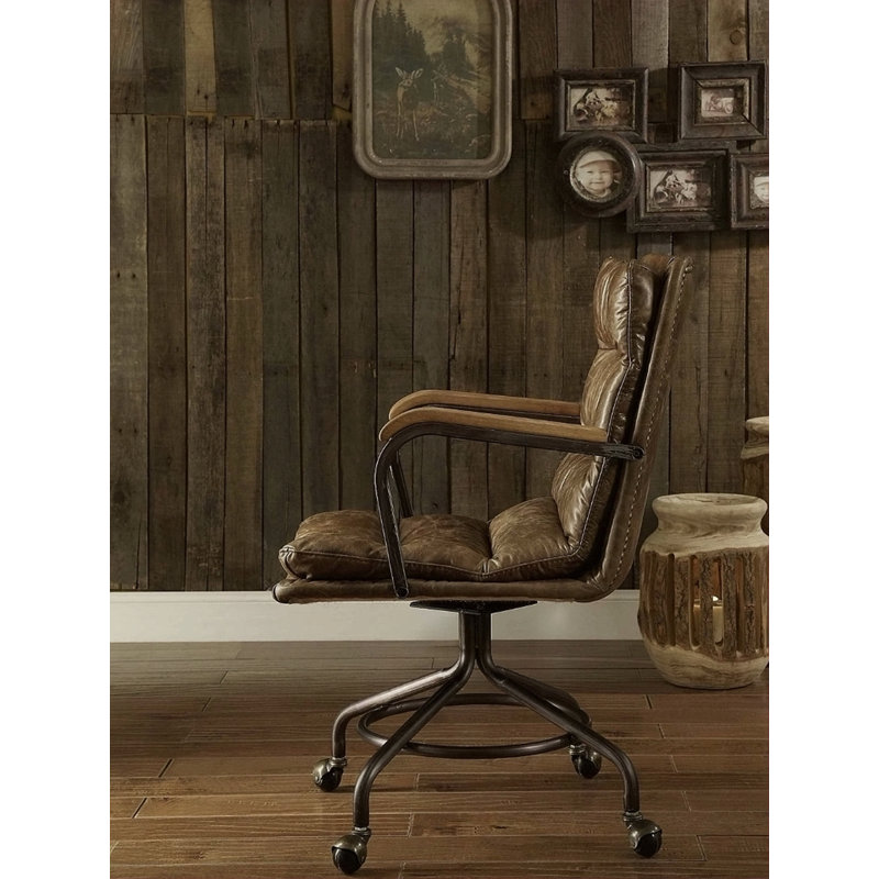 Chaise de bureau en cuir rétro Vintage, Brun, Brun