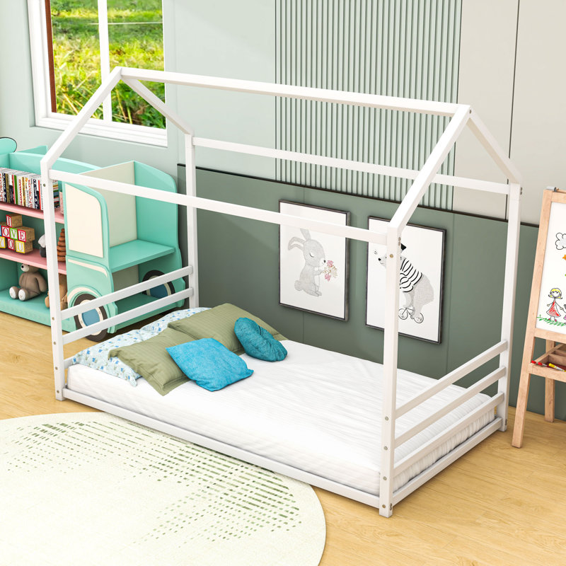 Metal Floor Bed With Guardrails, Twin, White