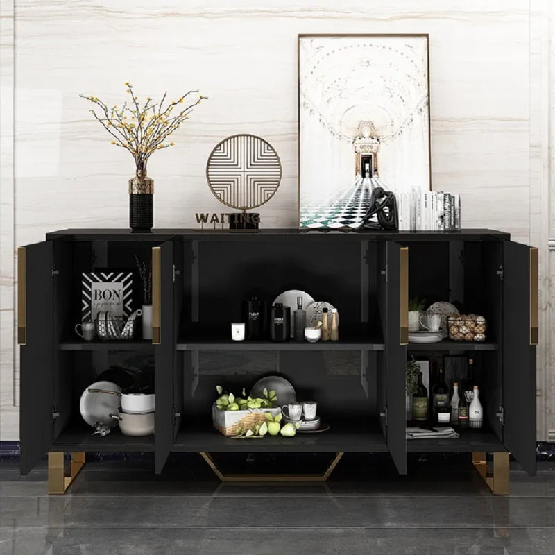 Aro 59" Black Wood Sideboard With Cabinets, Adjustable Shelves, And Metal Legs