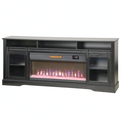 Console télé avec foyer électrique, rangement ouvert et armoires latérales