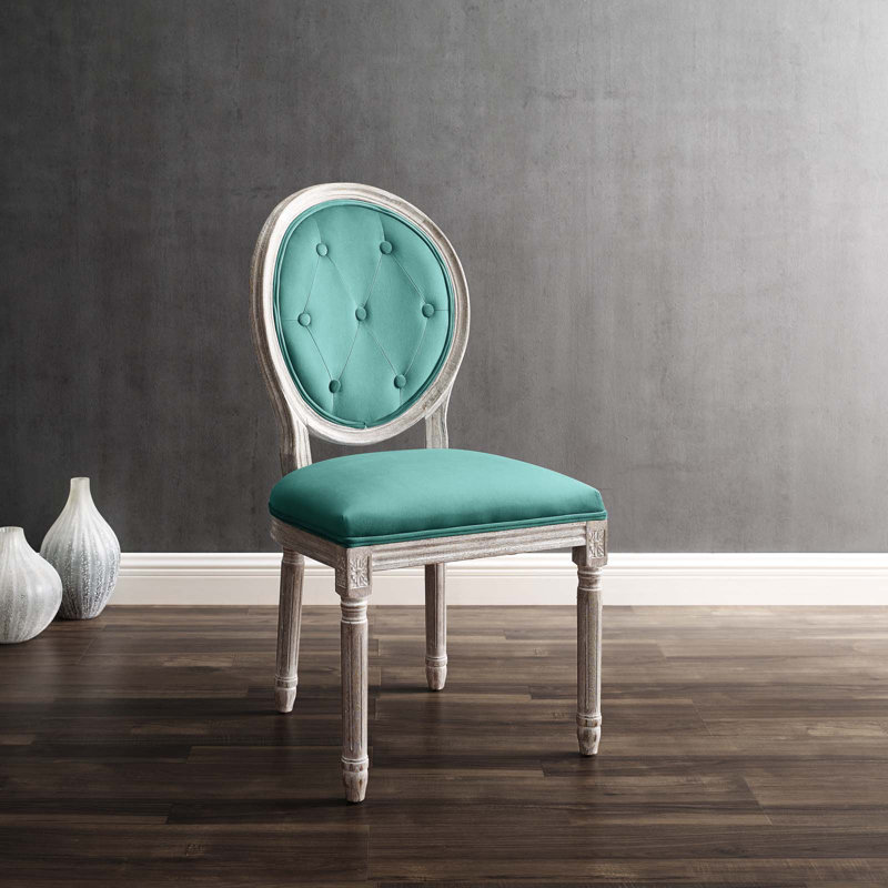 18'' H Tufted Upholstered Side Chair, Natural, Teal Performance Velvet