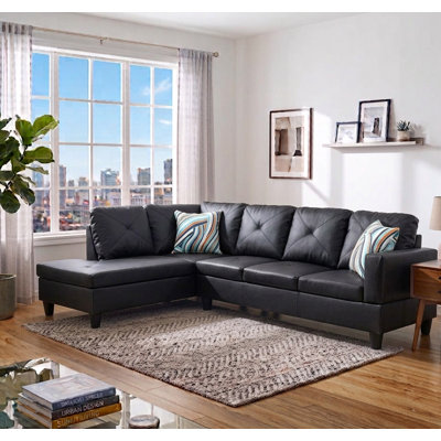 Black Modern Faux Leather 2-Piece Sectional Sofa with Chaise Lounge for Living Room, Camel Tan