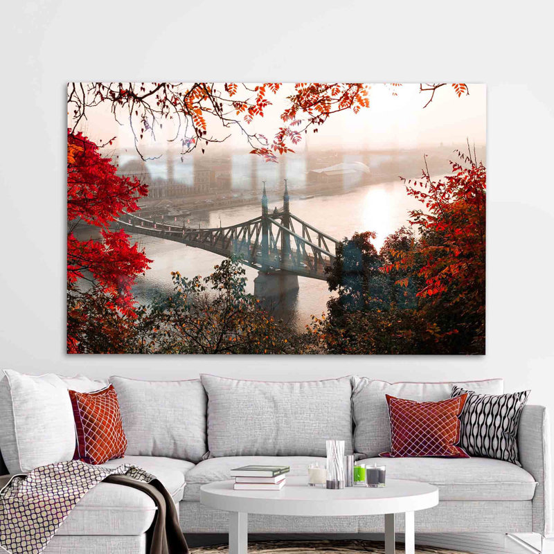 Art mural moderne en forme de pont d'arbre rouge avec verre trempé pour décoration intérieure contemporaine et espaces de vie