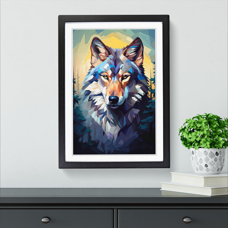 Wolf Cubism - Single Picture Frame Print on Wood, Black, 46cm H x 34cm W x 2cm D