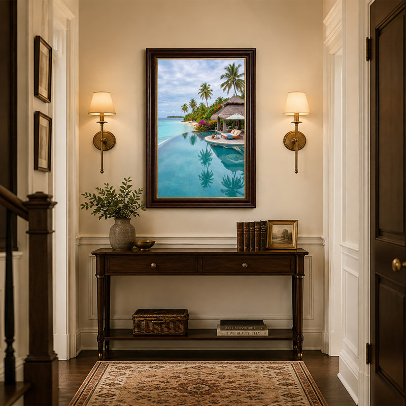 Art mural sur toile turquoise avec piscine au toit de chaume et palmiers, 24"H x 16"W