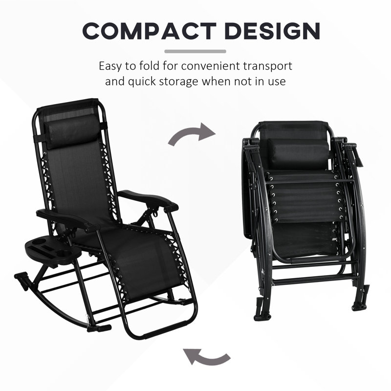 Foldable Rocking Chairs, Zero Gravity Reclining Lounge Rocker With Pillow, Cup & Phone Holder, Black, Steel Frame, Creates A Comfortable Outdoor Nook Versatile For Activities