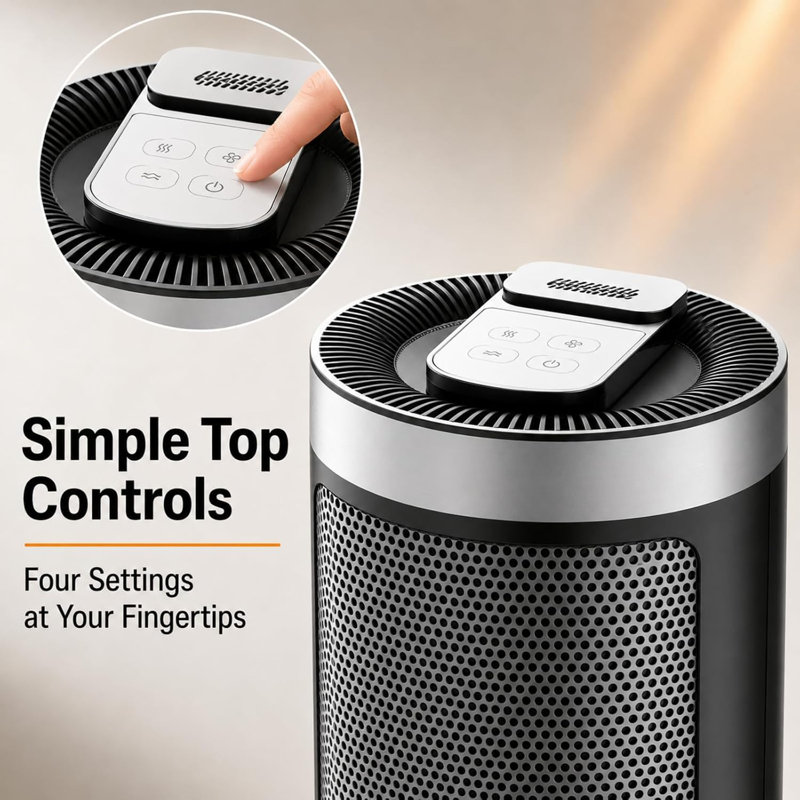 PTC Ceramic Space Heater, with 900W/1500W heat settings, overheat protection, Silver