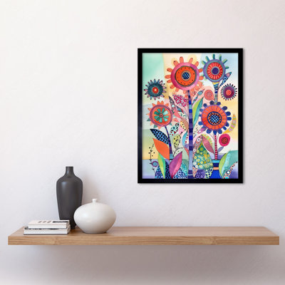 Large Flower Blooms With Embroidery Style Patterns Folk Art Watercolour Painting Art Print Framed Poster Wall Decor 12x16 inch