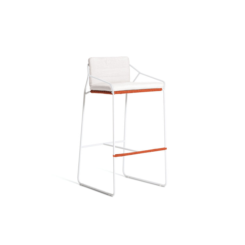Sandur Patio Bar Stool with Cushion, Canvas Natural Sunbrella® Canvas, Terra Cotta Rope/White Frame
