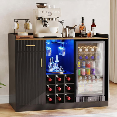 Fluted Buffet Sideboard with Mini Fridge Compartment, Glass Rack & LED Lighting by Ebern Designs
