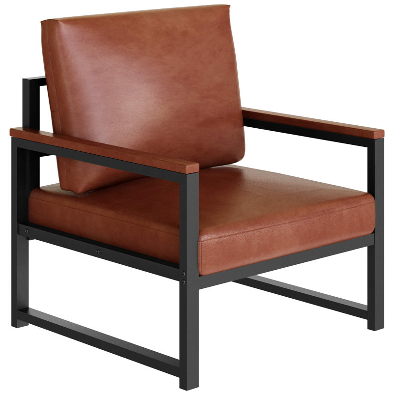 25" Wide Mid Century Faux Leather Tufted Back Accent Chair with Metal Farme, Brown
